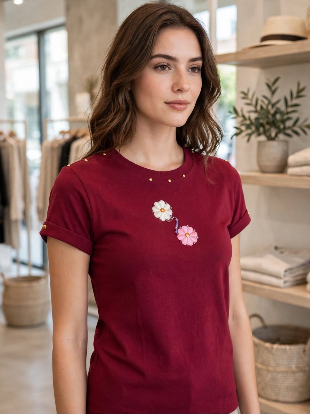 New Frontier Burgundy Crewneck Tee with Floral Embroidery